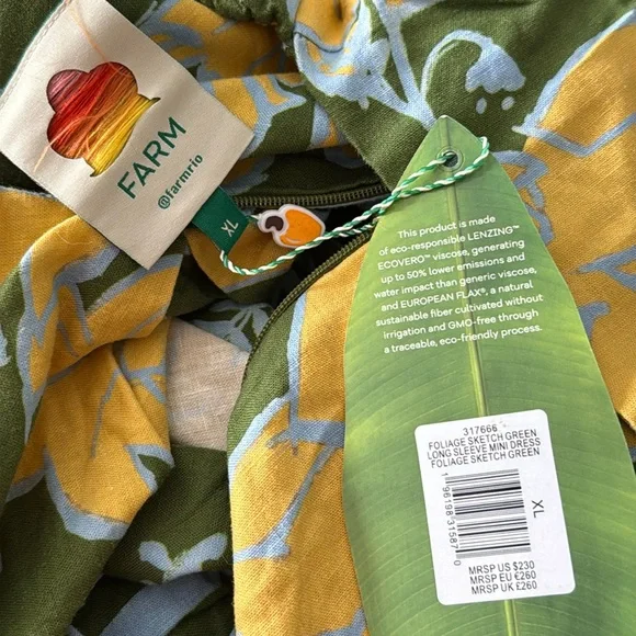 FARM RIO Foliage Sketch Green LongSleeve Linen MiniDress Tropical Lace-Up XL NWT - Picture 13 of 16